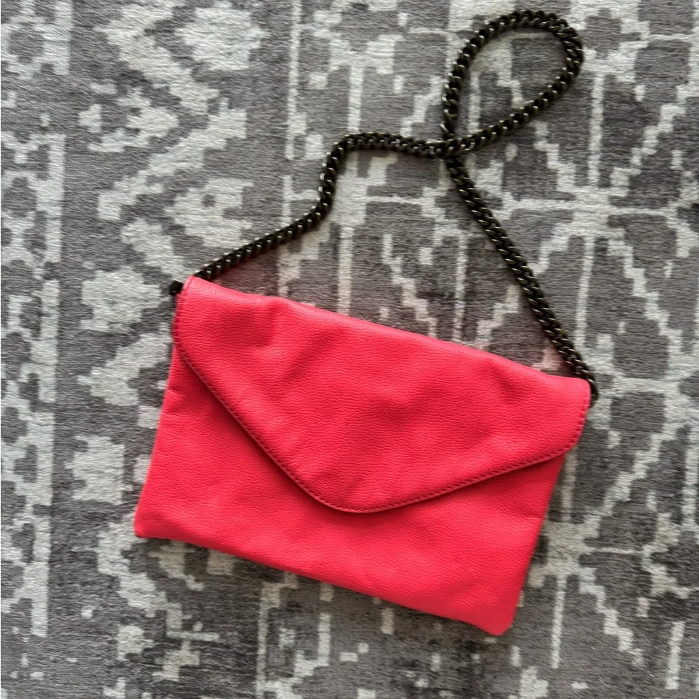 J. Crew 100% Leather Hot Pink Chain Strap Clutch Purse